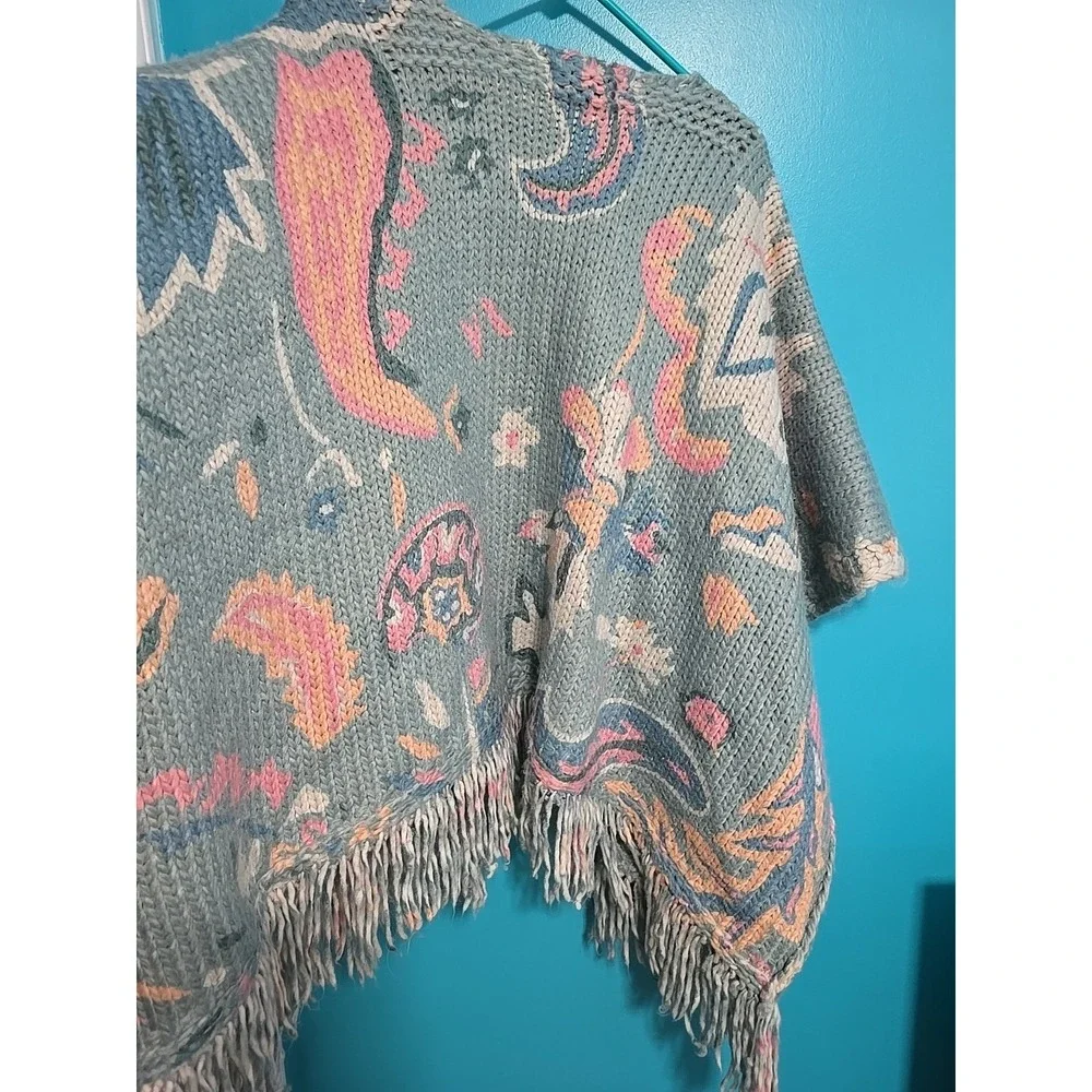Anthropologie Floral Blue Pink  Duster Cardigan One Size fits all Fringe